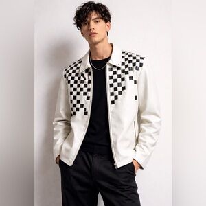 JACK EDWARDS Vintage Mens Black & White Checkered Genuine Leather Jacket Size M